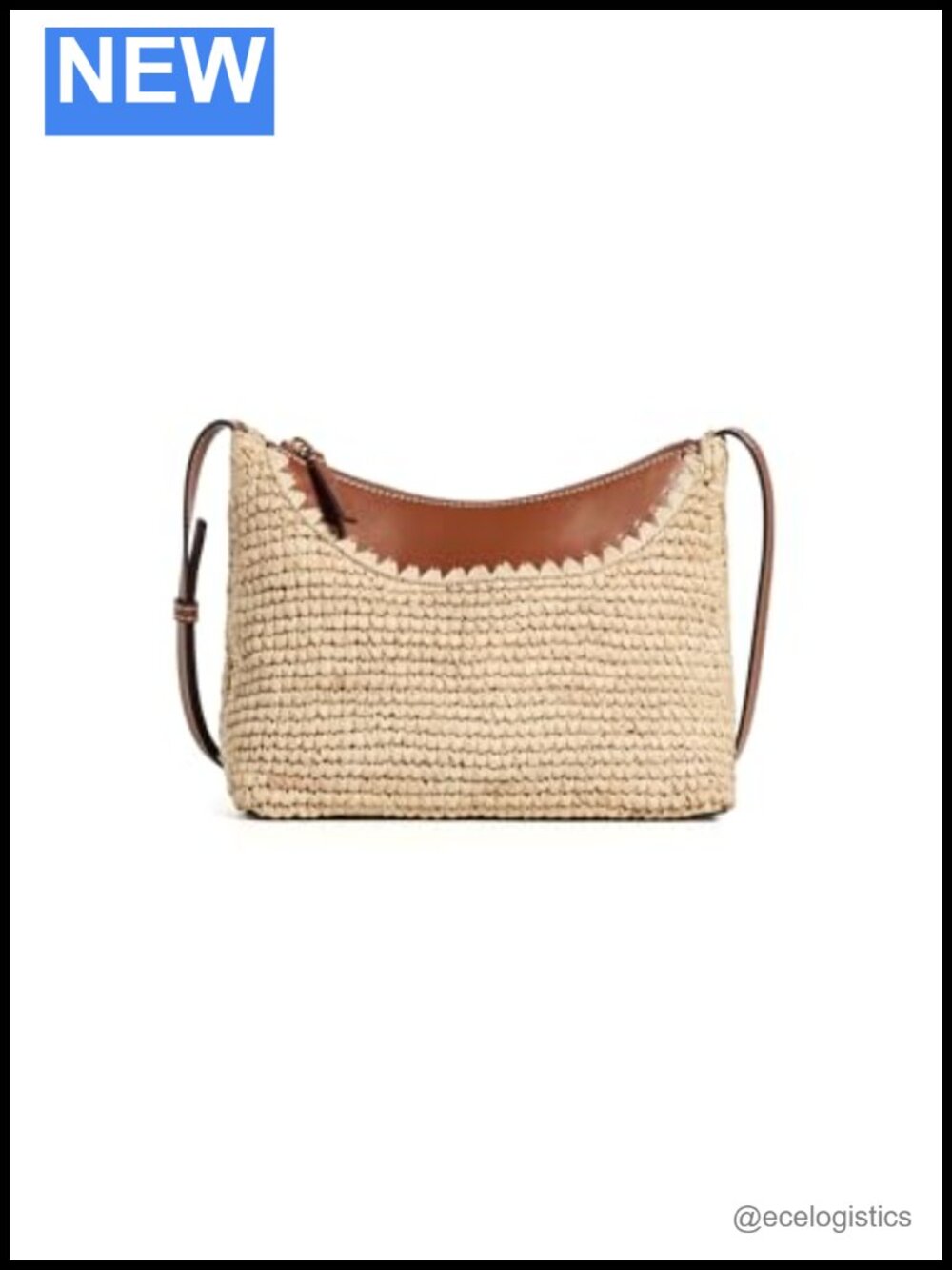 Raffia Crossbody Bag with Leather Trim, Adjustable Strap, Structured Base, Zip
